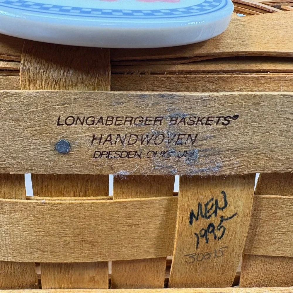 Longaberger Basket Leather Handles Ceramic Welcome Handwoven Basket 7